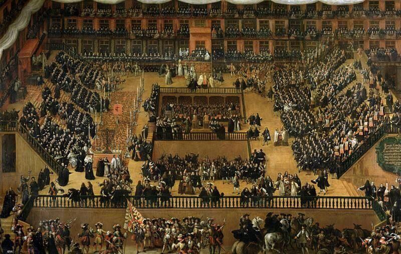 The autos de fe were authentic theaters, as can be seen in this painting by Francisco Rizi, which depicts an auto de fe in Madrid's Plaza Mayor.  (GET IMAGES).