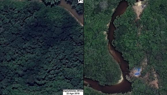 Imágenes del mismo sector de la selva muestran, con un mes de diferencia, el desbosque por la instalación de un campamento de tala ilegal. Fuente: DigitalGlobe / MAAP.