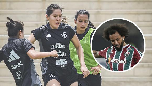 Marcelo aparece por sorpresa en el entrenamiento de la selección peruana de fútbol femenino y reacción de jugadoras se vuelve viral | Composición: FPF / Fluminense Football Club / Facebook