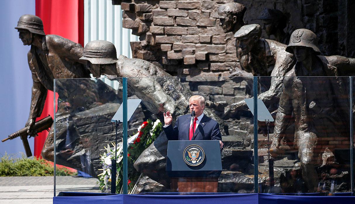 U.S. President Donald Trump gives a public speech in front of the Warsaw Uprising Monument at Krasinski Square, in Warsaw, Poland July 6, 2017. REUTERS/Laszlo Balogh