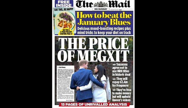 "El precio del Megxit", coloca "The Daily Mail" en su portada haciendo referencia al curioso nombre que le han dado a la renuncia de los Duques de Sussex.