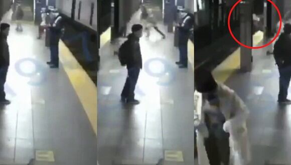 Un video viral muestra lo cerca que una mujer estuvo de morir tras ser empujada por un desconocido a las vías del tren subterráneo en Nueva York. | Crédito: @progressiveact / Twitter.
