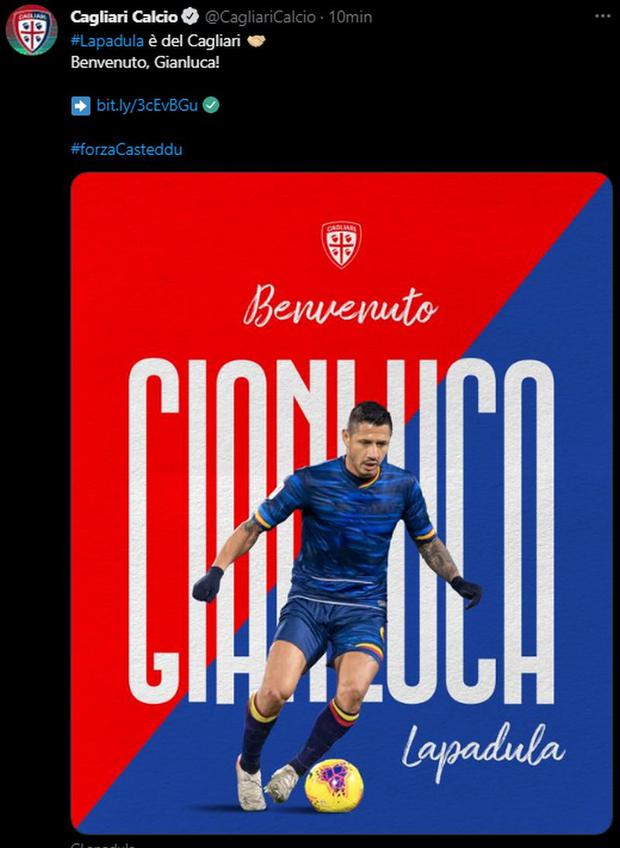 Gianluca Lapadula fue anunciado como nuevo fichaje de Cagliari. (Captura: Twitter)