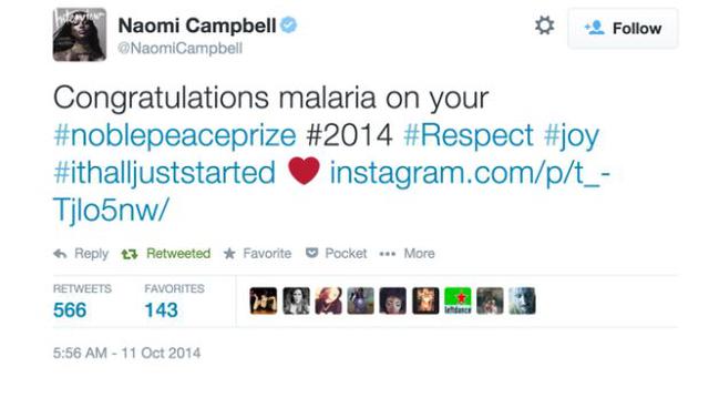 Fail: Naomi Campbell felicitó a 'malaria' como Nobel de la Paz - 1