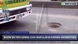 SMP: buzón sin tapa genera caos vehicular en la avenida Universitaria