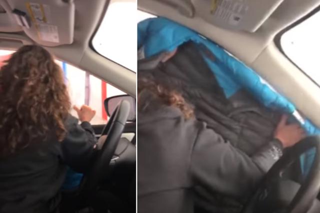 La conductora se vio obligada a cubrir la ventana con su casaca. (YouTube: ViralHog)