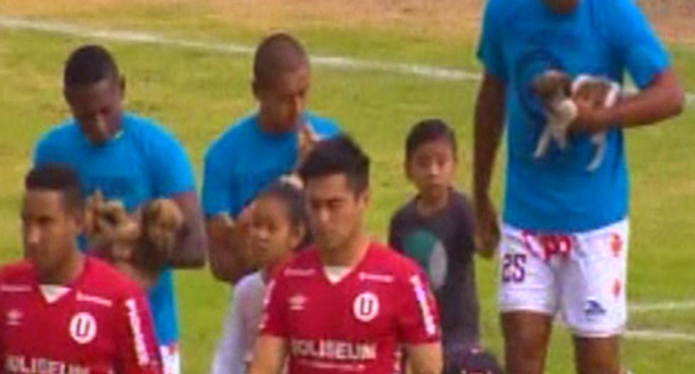 En la previa del partido ante Universitario, los jugadores de Ayacucho FC salieron al campo de juego con cachorros en sus brazos por una noble causa. (Foto: Captura - Gol TV)