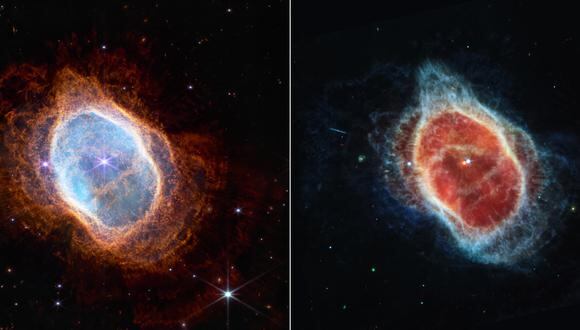 Dos cámaras a bordo de James Webb capturaron la imagen más reciente de esta nebulosa planetaria, catalogada como NGC 3132 y conocida informalmente como la Nebulosa del Anillo Sur, que se encuentra aproximadamente a 2500 años luz de distancia. (Foto: NASA / AFP)