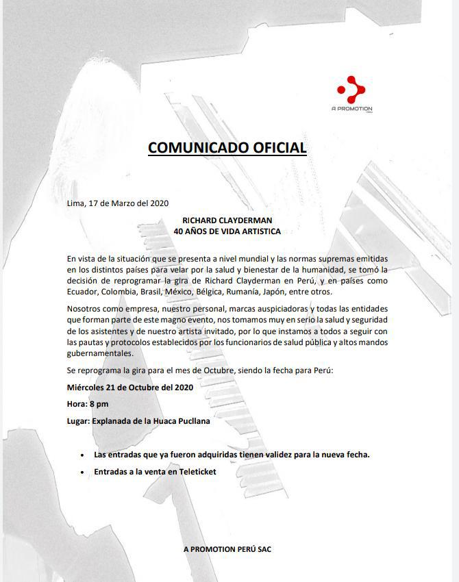 Comunicado oficial acerca del concierto de Richard Clayderman en Perú