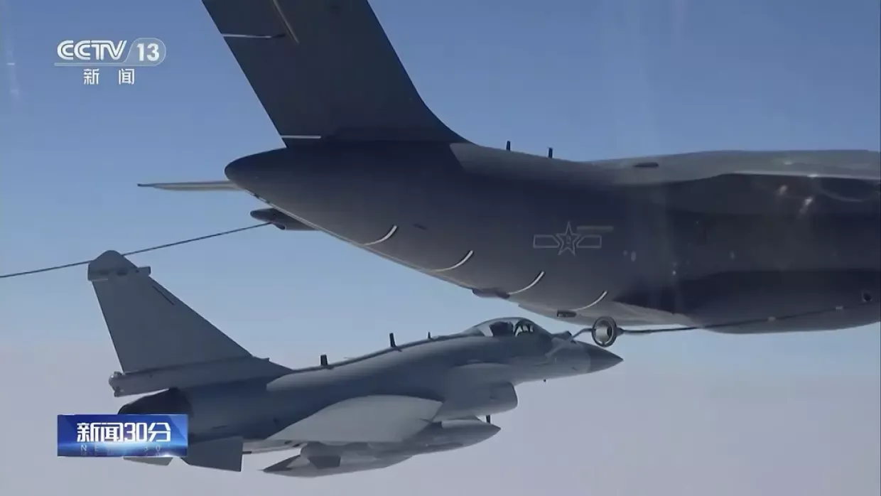 In this image taken from video broadcast on April 8, 2023 by China's CCTV, a Chinese fighter jet performs a mid-air refueling maneuver at an undisclosed location.  (Photo: AP).