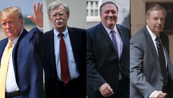 Donald Trump, presidente de Estados Unidos, y sus "halcones" que lo respaldan contra Irán: John Bolton, MikePompeo y Lindsey Graham. (Foto: AFP)