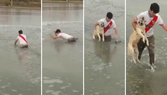 Un joven arriesgó su vida para salvar a un perro atrapado en un lago congelado. (Foto: Con Sello Patagónico en Facebook)