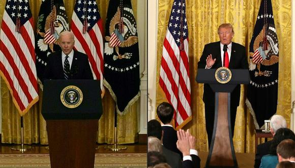 Esta combinación de imágenes muestra al presidente de los Estados Unidos, Joe Biden, y al exmandatario Donald Trump, durante su primera conferencia de prensa formal en la Sala Este de la Casa Blanca en Washington. (Foto: Archivo /Jim WATSON / MARK WILSON / Varias fuentes / AFP)