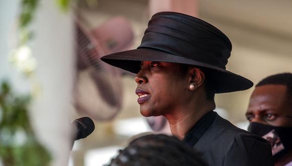 Martine Moïse habla durante el funeral de su esposo el 23 de julio de 2021. (Valerie Baeriswyl / AFP).