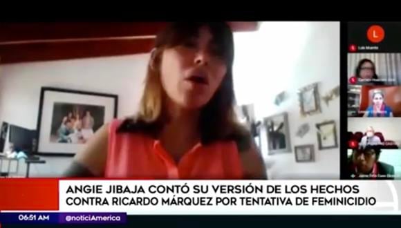 Angie Jibaja, durante la audiencia virtual del juicio oral a cargo de la Primera Sala Penal de Reos en Cárcel. Foto: captura de video