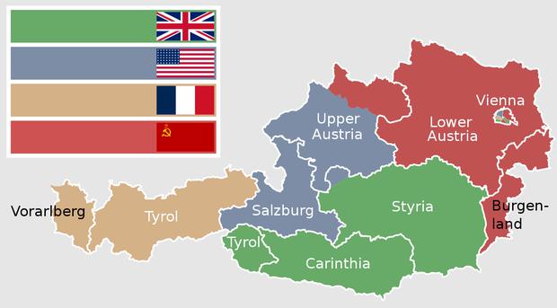 The division of Austria after World War II.  As in Berlin, the allies divided up the administration of the country and of Vienna, the capital.  (WIKIMEDIA COMMONS)