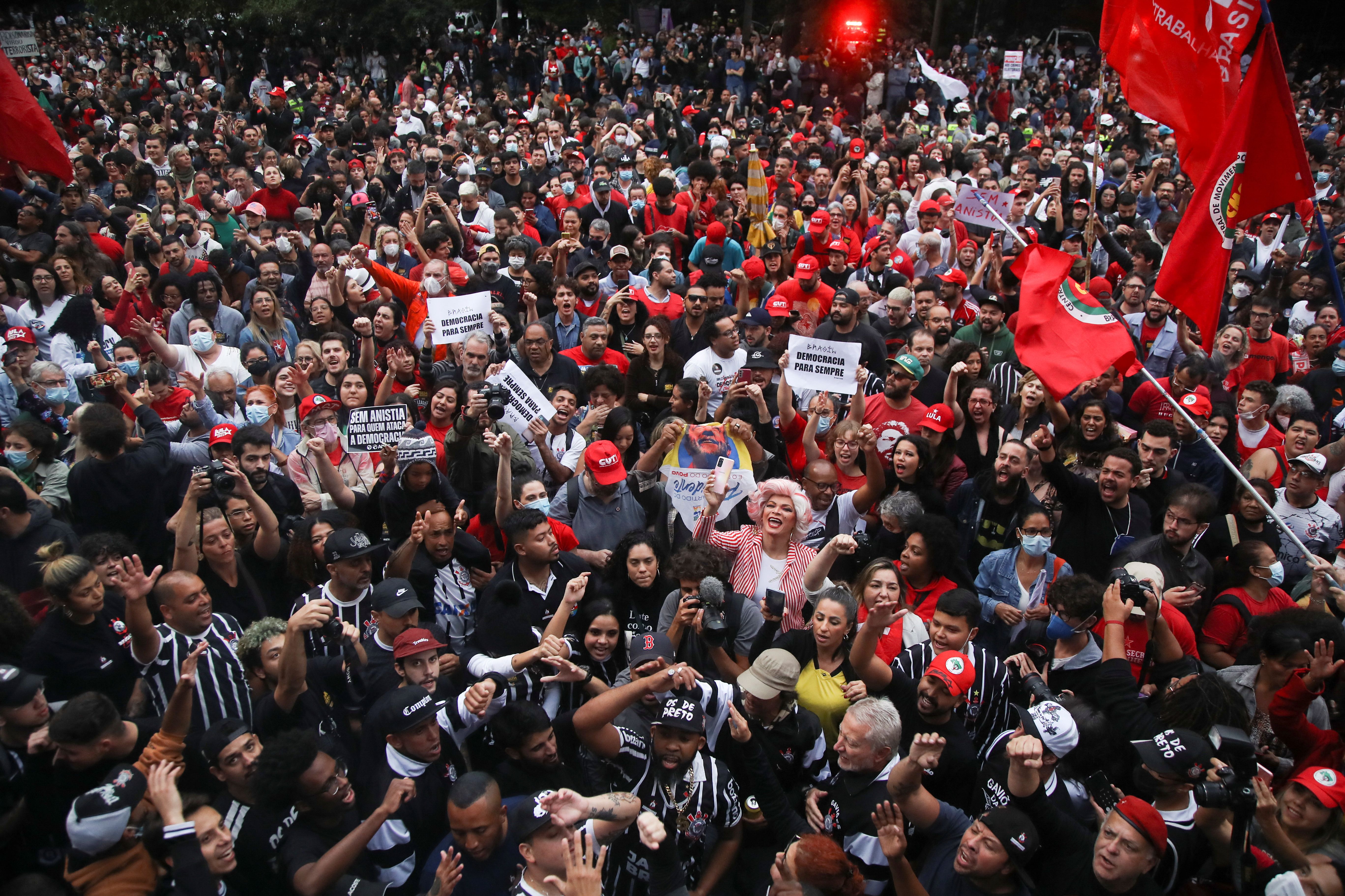 Demonstrators take part in a protest against anti-democratic riots and in support of Brazil's President Luiz Inacio Lula da Silva, in Sao Paulo, Brazil.