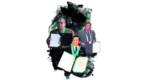 Así lucen sus laureles: Julio Gutiérrez Pebe, Guido Aguila y, arriba a la derecha, el presidente del CNM, Orlando Velásquez. (Ilustración: Giovanni Tazza/El Comercio)