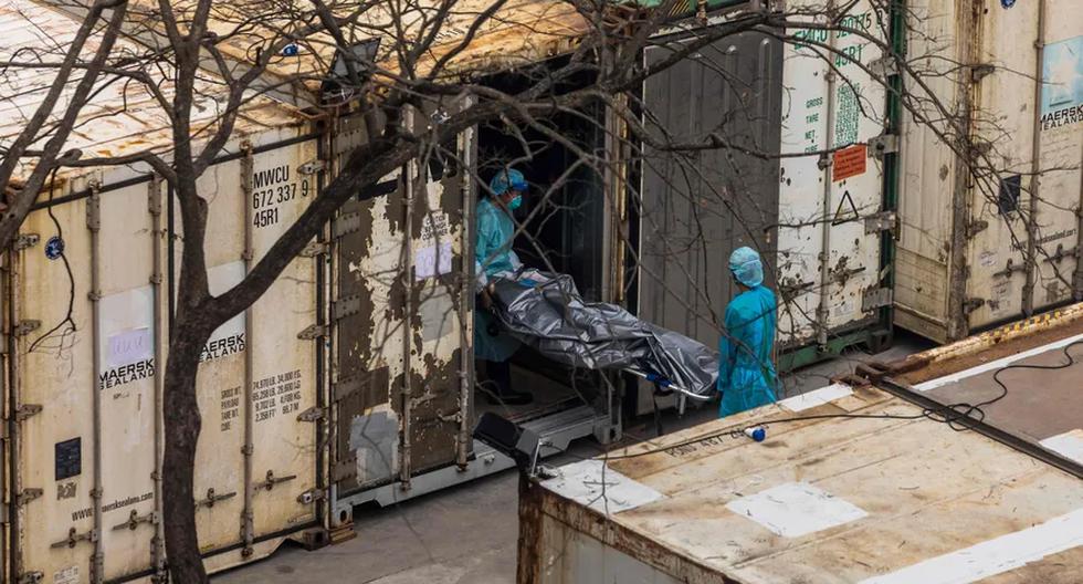 Empleados trasladan el cuerpo de un fallecido por coronavirus desde un camión a un container refrigerado en Hong Kong. (DALE DE LA REY - AFP).