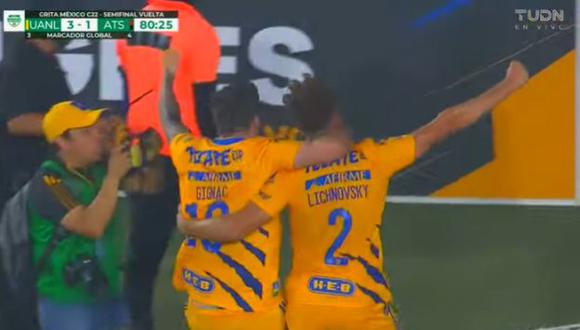 Gol de Igor Lichnovsky para el 4-1 de Tigres vs, Atlas por Liga MX. (Captura: TUDN)