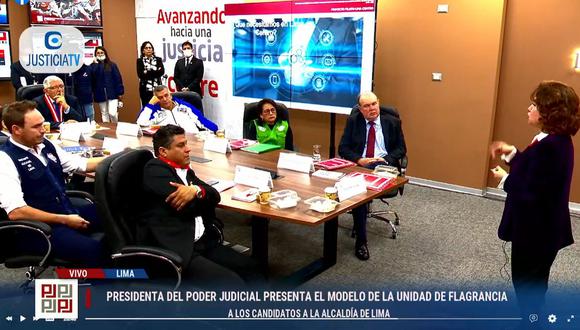 Los candidatos a la alcaldía de Lima se reúnen con la presidencia de Poder Judicial, Elvia Barrios. Foto: Captura TV