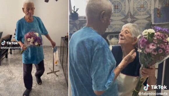 En esta imagen se aprecia el momento en que un anciano de 96 años regala un ramo de flores a su esposa por su cumpleaños. (Foto: @fabriciodadeck4 / TikTok)