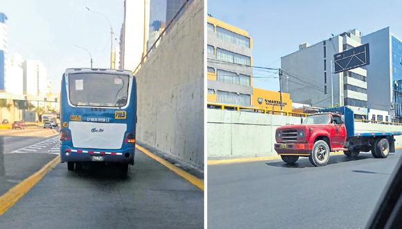 Bus de la empresa Machu Picchu toma el zanjón con pasajeros. A la derecha, un camión circula con una revisión técnica vencida. En su última inspección se observó que sus frenos principales tienen deficiencias y registra fugas de fluidos en la caja de cambios.