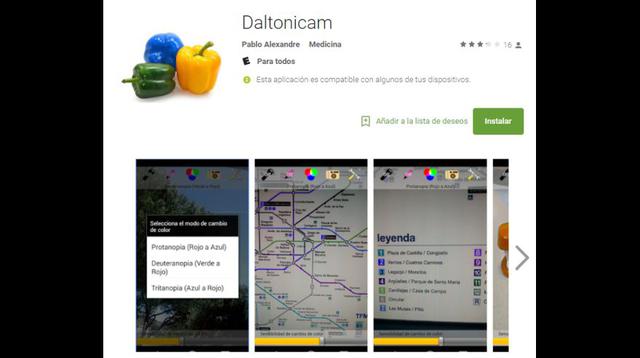 FOTO 3. Daltonicam. Es una app que permite cambiar la imagen de la cámara, los colores conflictivos por otros claramente visibles según el tipo de daltonismo (Foto: Google Play)