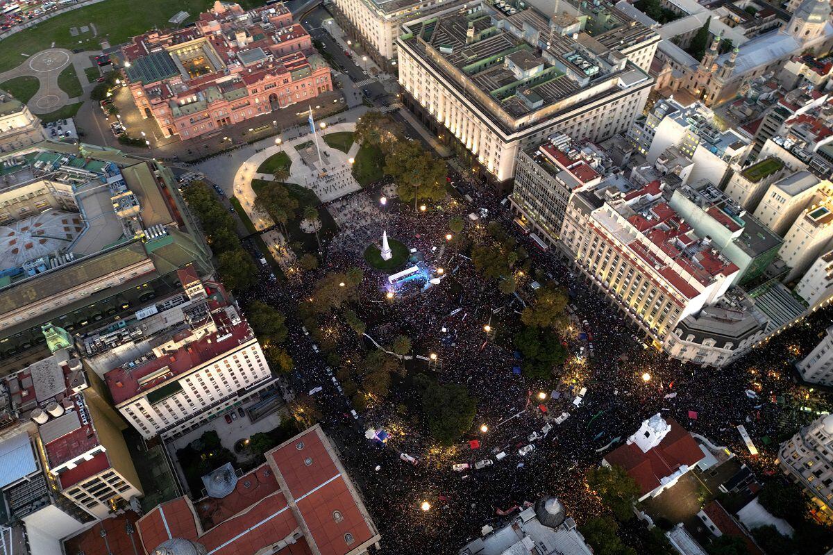 Aerial view during a protest march against the budget adjustment of public universities, in Buenos Aires, on April 23, 2024. (Photo by Luis ROBAYO / AFP)