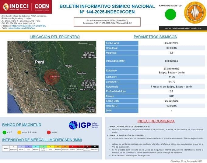 Información de INDECI a 7 km al O de Satipo, Satipo - Junín sobre el sismo ocurrido a las 8:00.