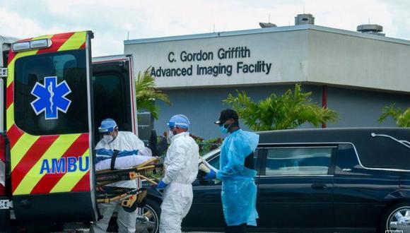 Los técnicos de emergencias médicas (EMT) llegan con un paciente mientras un carro fúnebre sale del Centro Médico de North Shore donde se trata a pacientes con la enfermedad del coronavirus (COVID-19), en Miami. Estados Unidos. (REUTERS/María Alejandra Cardona).