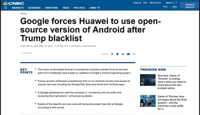 Así informa la CNBC: "Google obliga a Huawei a usar versión abierta de Android"