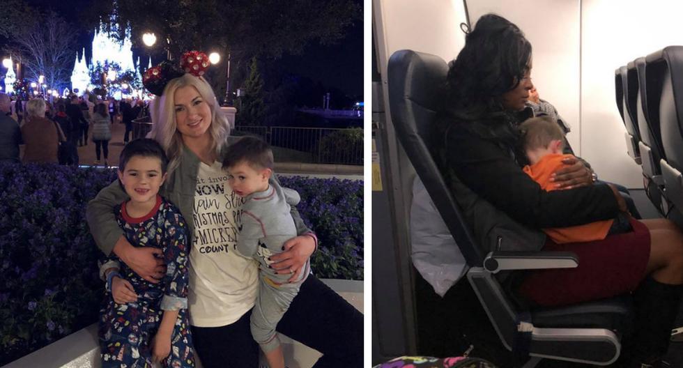 Una madre que viajó sola con sus dos pequeños hijos recibió la ayuda de tres buenos samaritanos durante su vuelo de regreso a casa. (Foto: Becca Kinsey en Facebook)