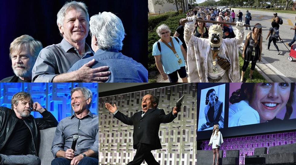 Con una aparici&oacute;n sorpresa de Harrison Ford, un conmovedor homenaje para Carrie Fisher, una actuaci&oacute;n de John Williams y muchos chistes sobre los di&aacute;logos de George Lucas se celebr&oacute; el primer d&iacute;a de la celebraci&oacute;