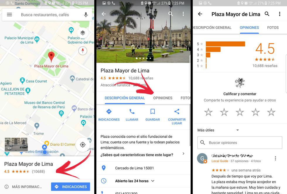 Así puedes ubicar la sección de comentarios de la aplicación móvil de Google Maps. (Foto: Google Maps / El Comercio)