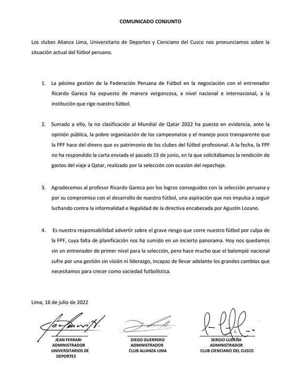 Universitario, Alianza Lima y Cienciano critican a la FPF por no renovar a Ricardo Gareca.