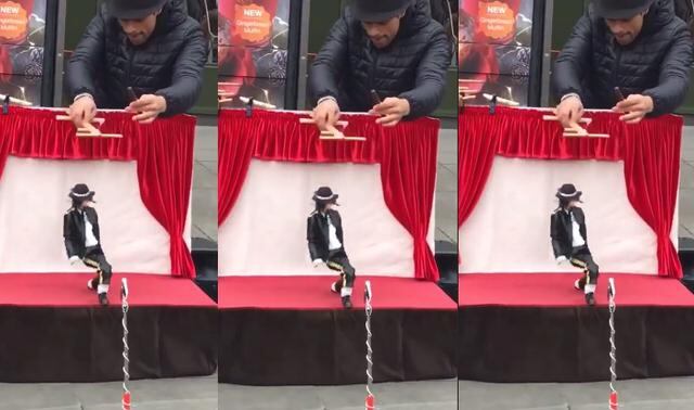 Artista callejero hace bailar a una marioneta al mismo estilo de Michael Jackson.