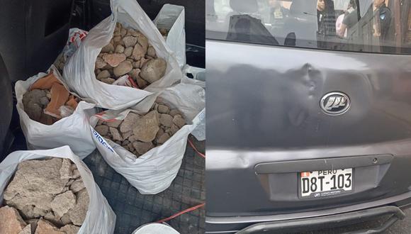 Policías hallaron seis sacos con piedras y bloques de cemento en el interior de una combi.