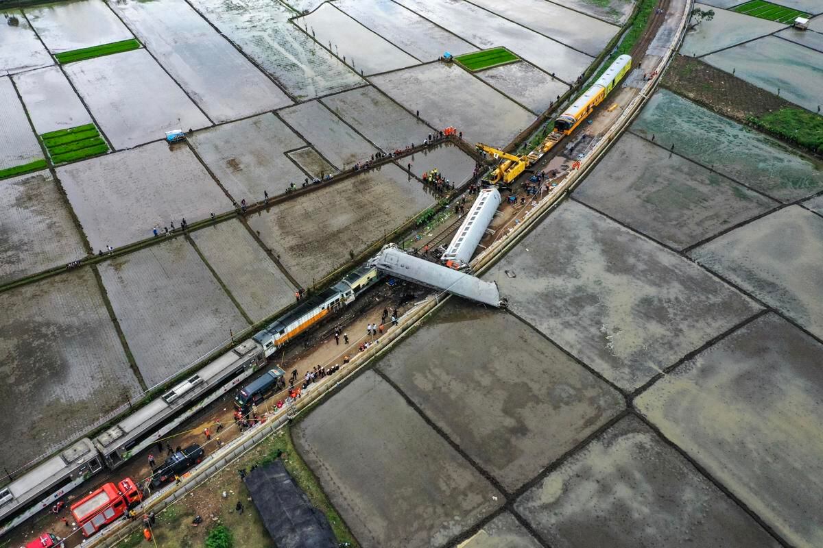 An aerial photograph taken with a drone shows the remains of crashed passenger trains in Bandung, West Java province, Indonesia, on January 5, 2024. (Photo EFE/EPA/MAST IRHAM)