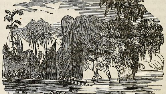 La expedición de Francisco de Orellana en 1544 por el río Amazonas, grabado americano de 1848. (Imagen de Samuel G. Goodrich)