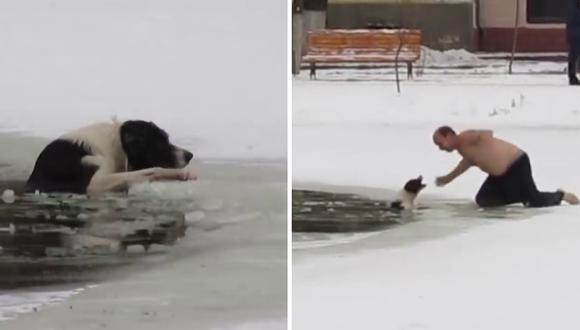 El valeroso hombre no dudó dos veces en lanzarse al rescate del animal a punto de morir congelado. (Foto: Alexander Levashov en YouTube)