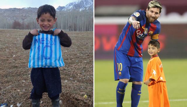 Murtaza solo quería ser como su ídolo, Lionel Messi. Se hizo viral en redes sociales tras ser fotografiado con una camiseta de plástico y el nombre del crack argentino. Lo conoció. Y hoy la guerra lo alejó de su hogar.  (Foto: AFP)