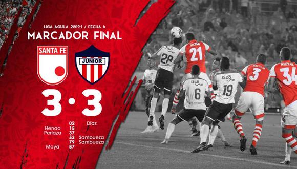 Independiente Santa Fe igualó 3-3 frente a Junior por la Liga Águila de Colombia. | Foto: Santa Fe
