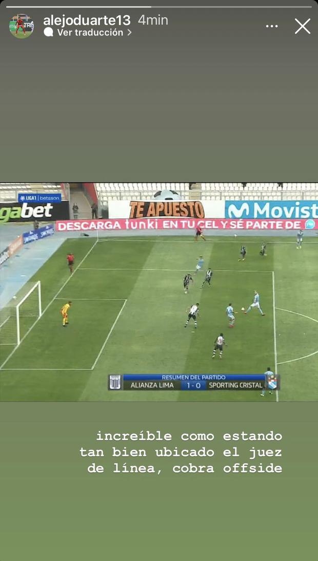Publicación de Alejandro Duarte en Instagram sobre gol mal anulado a Cristal | Foto: Captura de pantalla.
