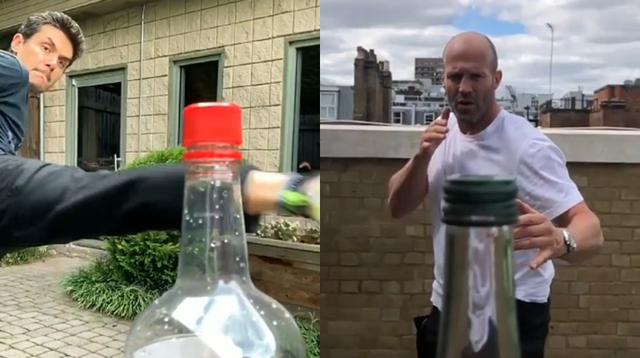 John Mayer y Jason Statham uniéndode al #BottleCapChallenge.