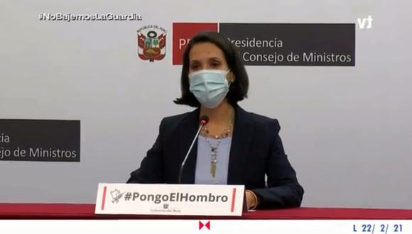 La ministra Claudia Cornejo (en la imagen) junto con la ministra Silvana Vargas brindaron la conferencia de prensa. (Captura de imagen: TVPerú)