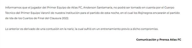 Atlas informó sobre la lesión de Anderson Santamaría.