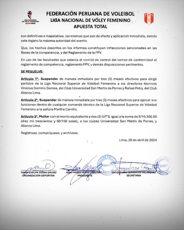 After a brawl in the LNSV final: Coaches of Alianza Lima and San Martín suspended for 3 months.  (Capture: FPV)