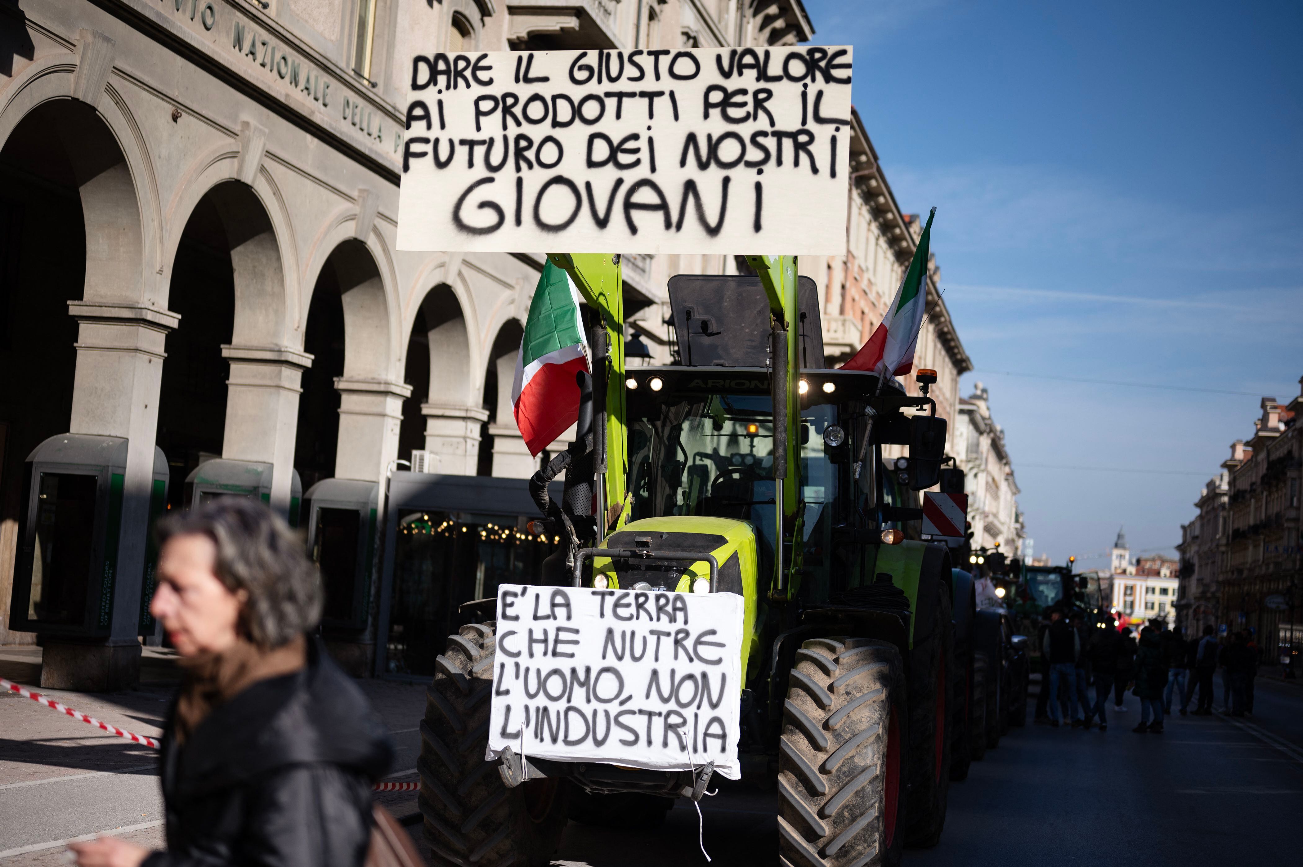Italian farmers gather with their tractors during a protest in Cuneo, Piedmont, on January 31.  (Photo: AFP)