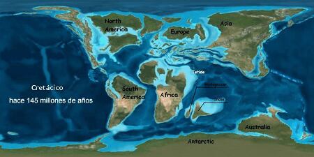 Este mapa del Cretácico muestra que grandes áreas  de varios países, entre ellos el Perú, se encontraban bajo el agua. (Foto: MH)